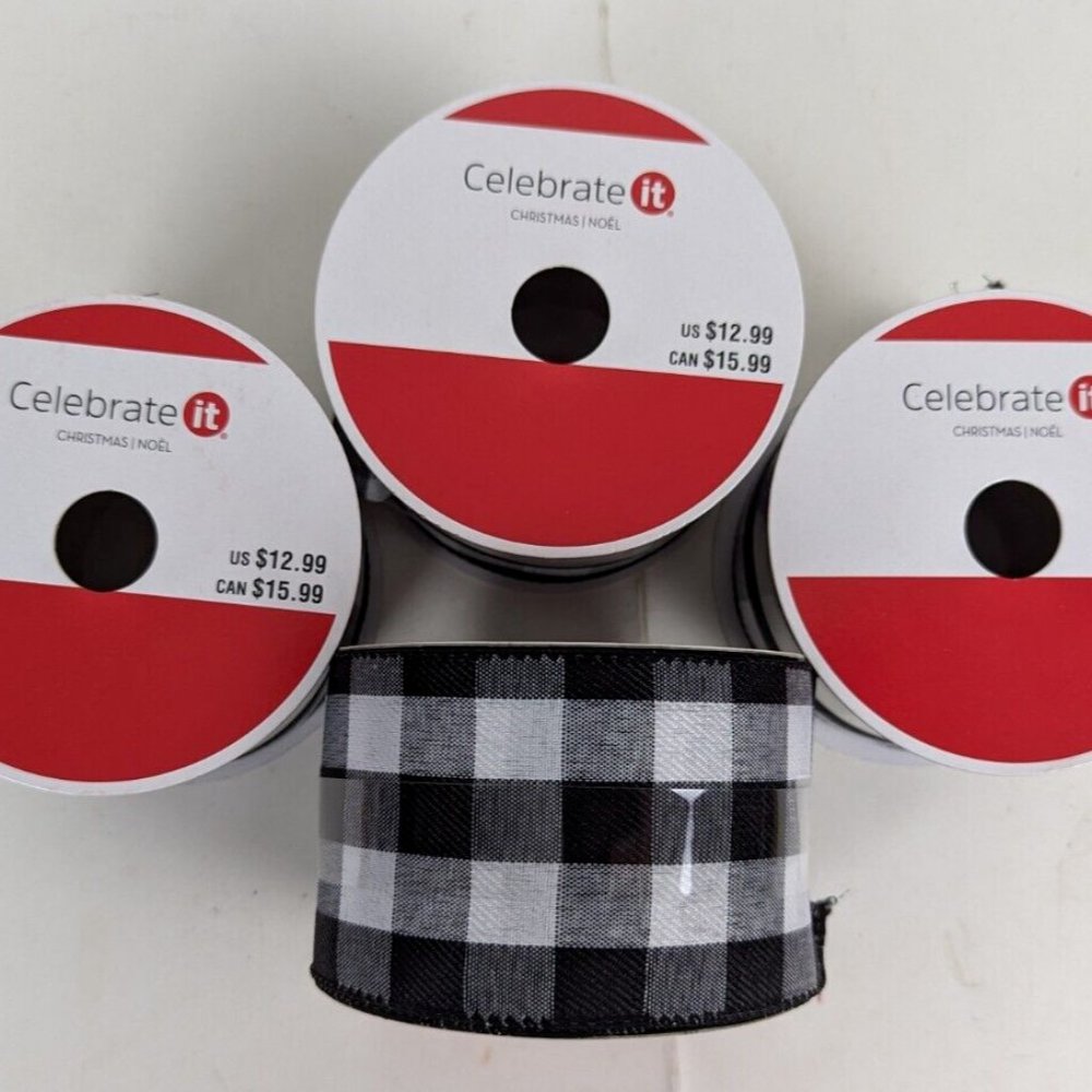 Buffalo‎ Check Plaid Black & White Jumbo Wired Ribbon 2 1/2 In 20 Ft Lot of 4.